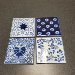 Vtg. Blue Ceramic Tiles Glasses Coasters